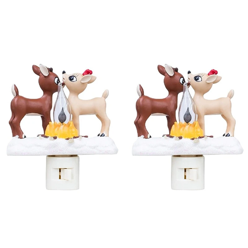 2 PCS Reindeer Campfire Nightlight Reindeer Night Light LED Faux Campfire Lamp Christmas Decor For Bedroom US Plug