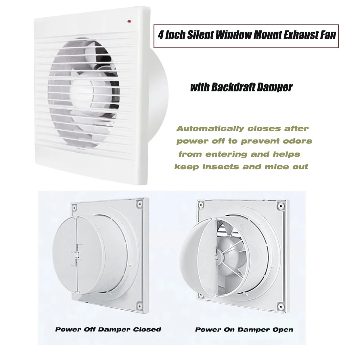 4 Inch Silent Window Mount Exhaust Fan with Backdraft Damper, Bathroom Toilet Kitchen Ventilation Extractor Fan, GB EU UK Plug O