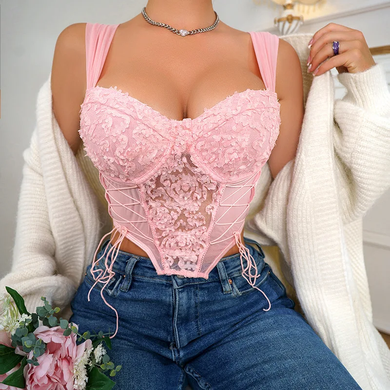 

Women V-neck Mesh Sexy Bustier Corset Tops Push Up Off Shoulder Floral Lace Crop Tube Top Spaghetti Strap Boned Corset Pink