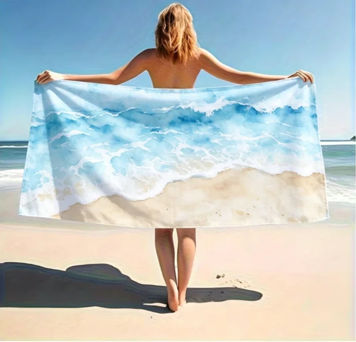 Coastal Seashell Starfish Beach Towel, Microfiber Large Sand Free Quick Dry, Ocean Coral Print, Soft Absorbent