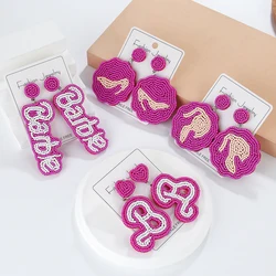 Barbie Earrings Kawaii Pink Princess Sweet Handwoven Rice Bead Ear Studs for Women Girls Cosplay Jewelry Accessories Gifts