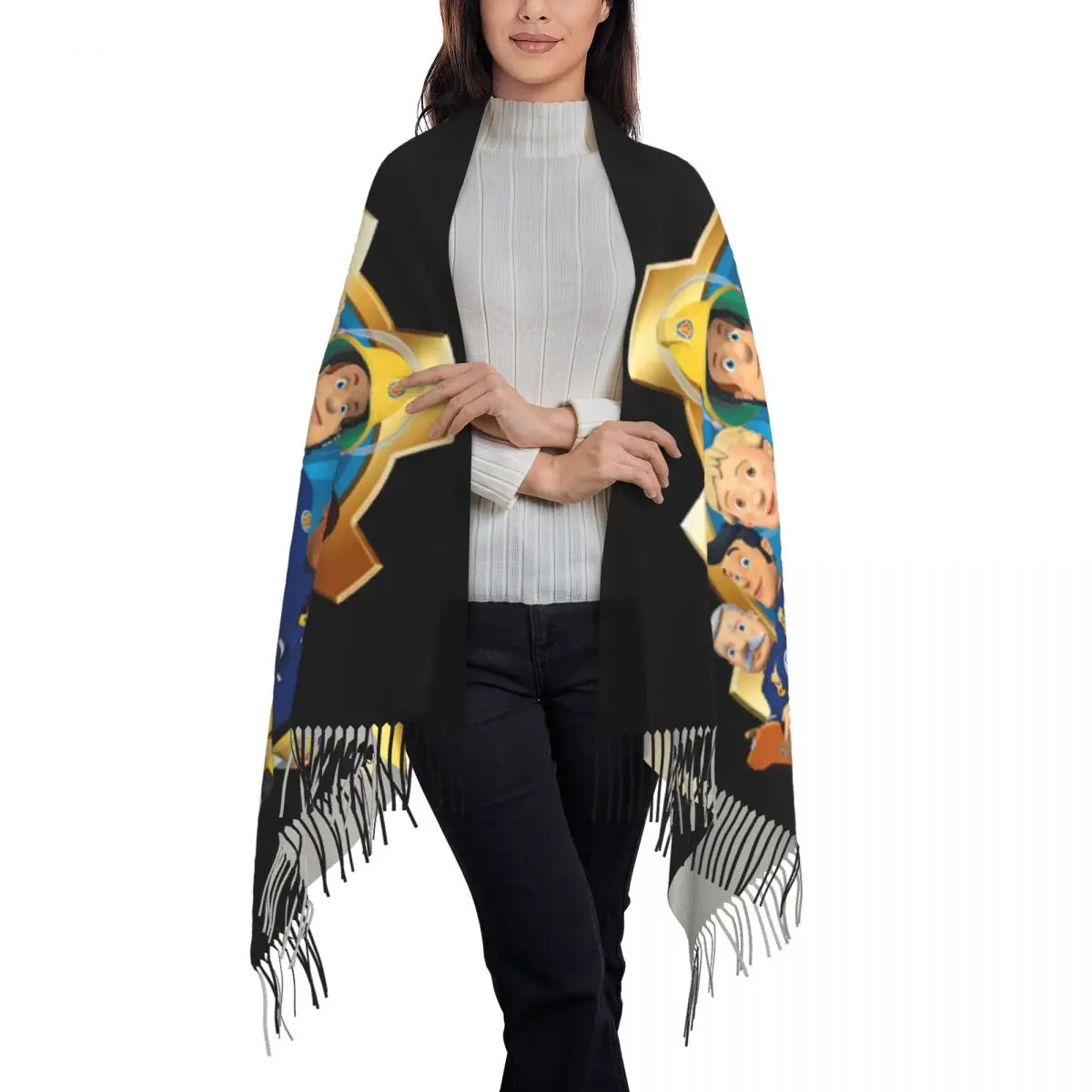 Lenço quente de inverno longo unisex para mulheres, bombeiro Sam Wrap, Tassel Shawl