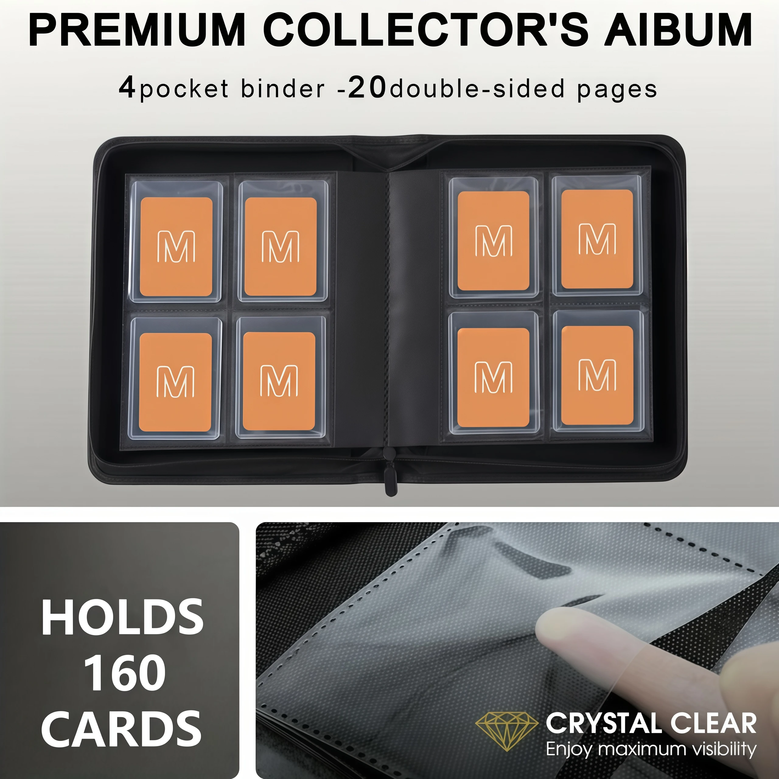 مجلد بطاقات التداول الفاخر ذو 4 جيوب، مجلد Tcg، مع 160 جيبًا تحميلًا جانبيًا، ألبوم بطاقات التداول مناسب لـ Mtg، Yu-Gi-Oh!، البيسبول، بطاقات رياضية لكرة القدم، مثالي لعشاق البطاقات، أسود، هدية عيد الميلاد، هدية عيد الشكر #3