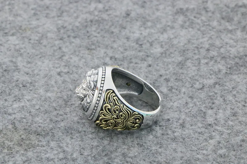 European and American S925 Silver Vintage Crown Lion King Ring Male Handsome Sterling Silver Cross Male Lion Head Opening Adjust