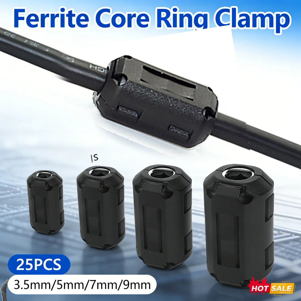 25Pcs Clip On Ferrite 3.5mm/5mm/7mm/9mm Bead Noise Suppressor Anti-Jamming Toroidal Clip-on Clamp RFI EMI Noise Magnetic Filter