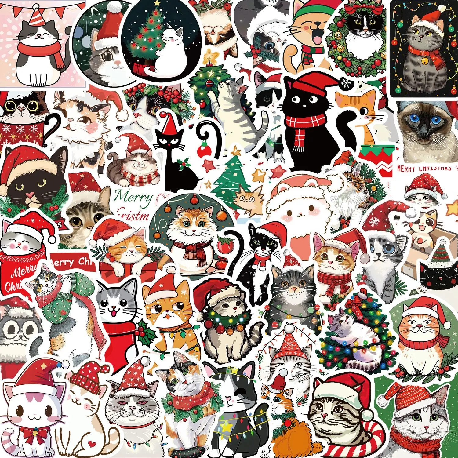 10/50pcs Cute Funny Christmas Cat Stickers Kawaii New Year Gift Decoration Sticker Stationery Notebook Laptop Luggage Decals Toy