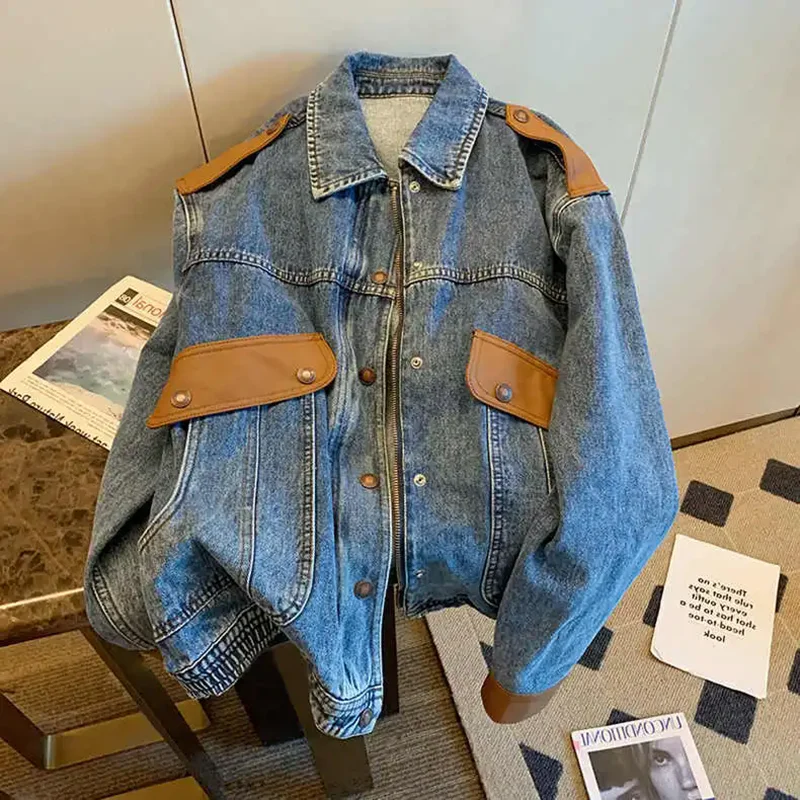 

Vintage Stitching Denim Jacket Women Outwear Spring Autumn New Elegant Loose All-Match Design Jeans Jacket Tops Street Clothing