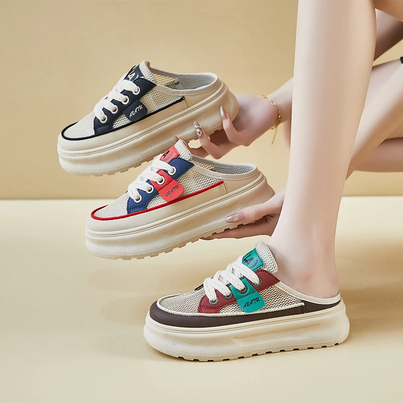 

Mesh Womens Sport Slippers Thick Soles Increase Trend Lace Up Half Slipper Fashion Casual Shoes Ladies Slides Sneakers 2026