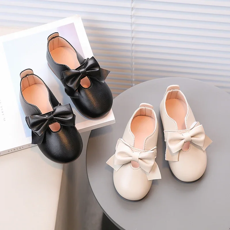 Baby Girl\'s Mary Janes Big Bowknot Soft Pu Leather 21-30 Children Flat Shoes Black Beige Stylish Sweet Comfy Kids Princess Shoe