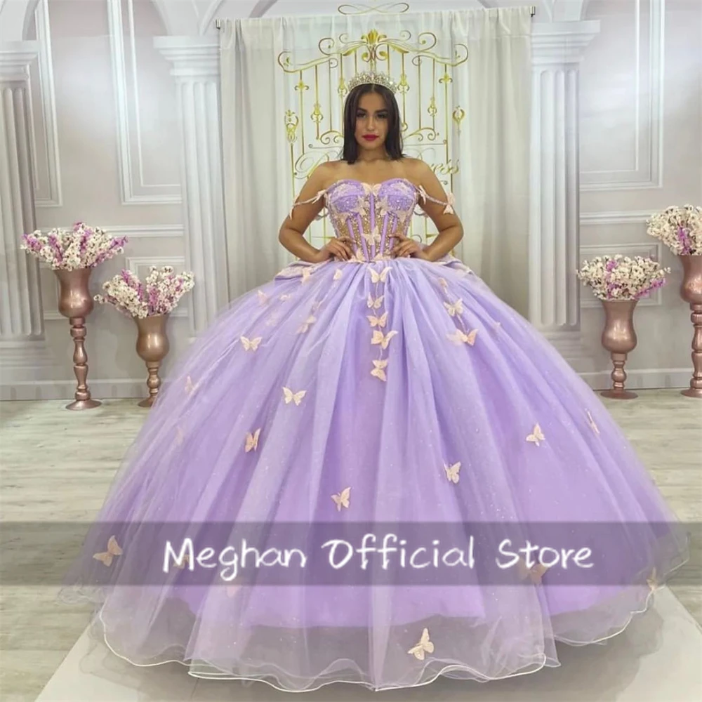 الضوء الأرجواني القوس فساتين Quinceanera فراشة الكرة ثوب حبة 3D زهرة اللباس المرأة أنيقة حزب الأميرة ثوب مخصص