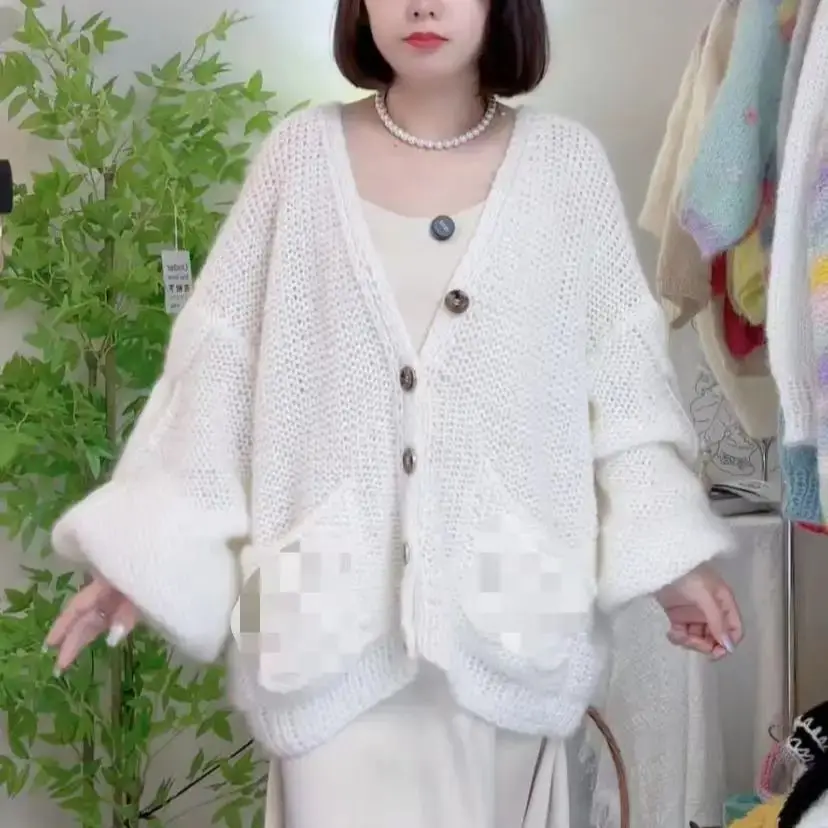 Monochrome V-neck Woolen Sweater, Loose Cardigan, Soft Mohair, Hand Woven, Loose, Comfortable, New Style, Spring and Autumn