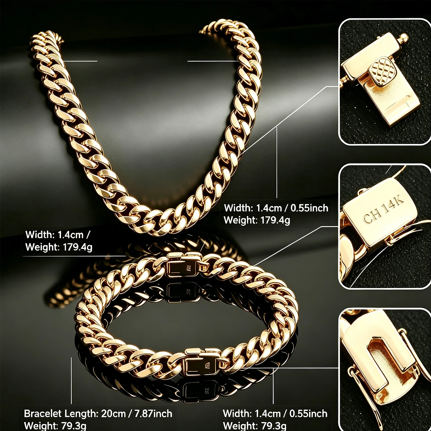 Men's Cuban Chain 16mm Width 45cm Necklace 20cm Bracelet Hip Hop Rap Singer Thick Miami Thick Chain Men's Fashion Jewelry