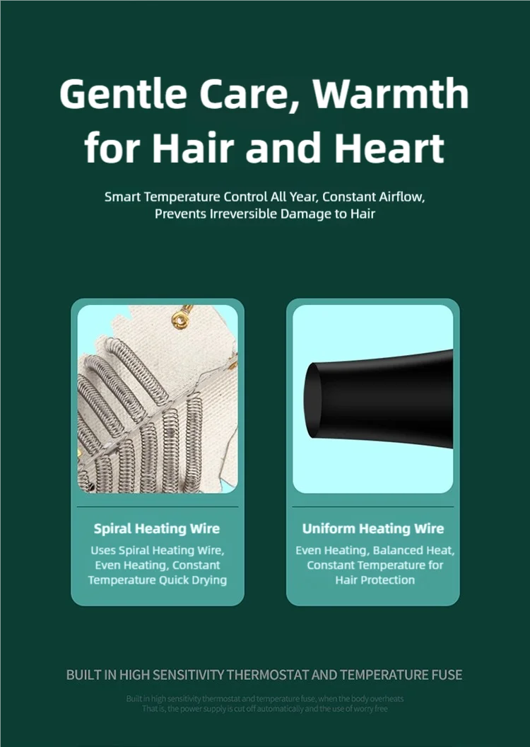 TINSOL Professioneller Haartrockner, leistungsstarker Haartrockner mit negativen Ionen, Heiß- und Kaltfunktion, extrem leise, für Styling im Haushalt und im Salon. – Detail 8