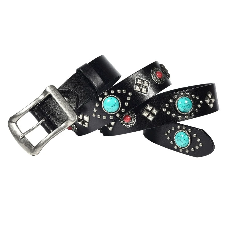 Genuine Cow Leather Bling Rhinestones Studded Belt For Western Women Men Luxury Ceinture Rivet Cowgirl Cowboy Green Stone Belts