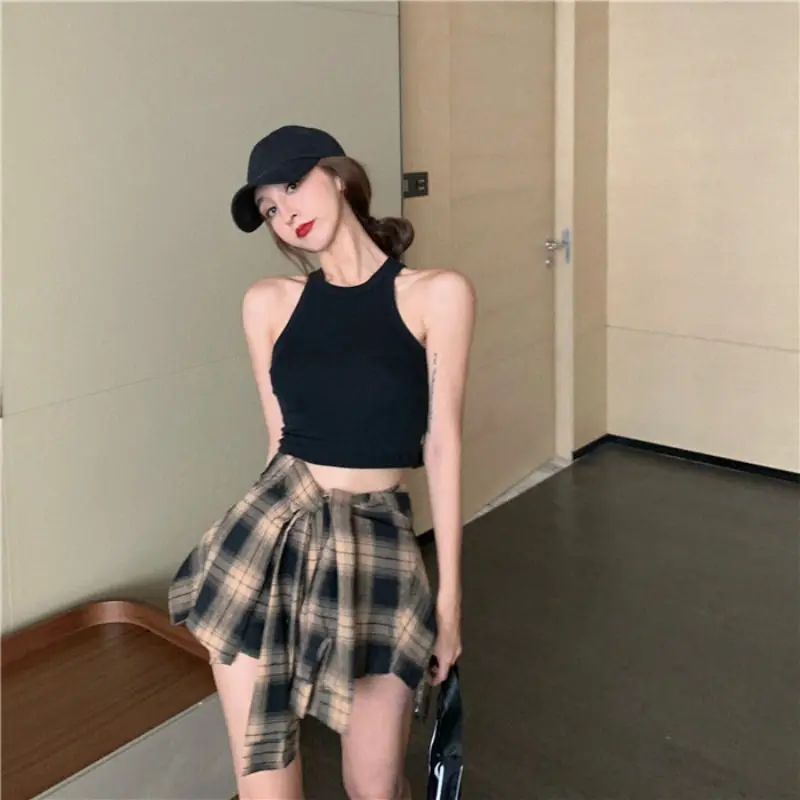 Female Trend Women\'s Casual Off Shoulder Blouse Ladies Summer Sexy Slim Korean Irregular Plaid Shorts + Crop Tops Streetwear Set