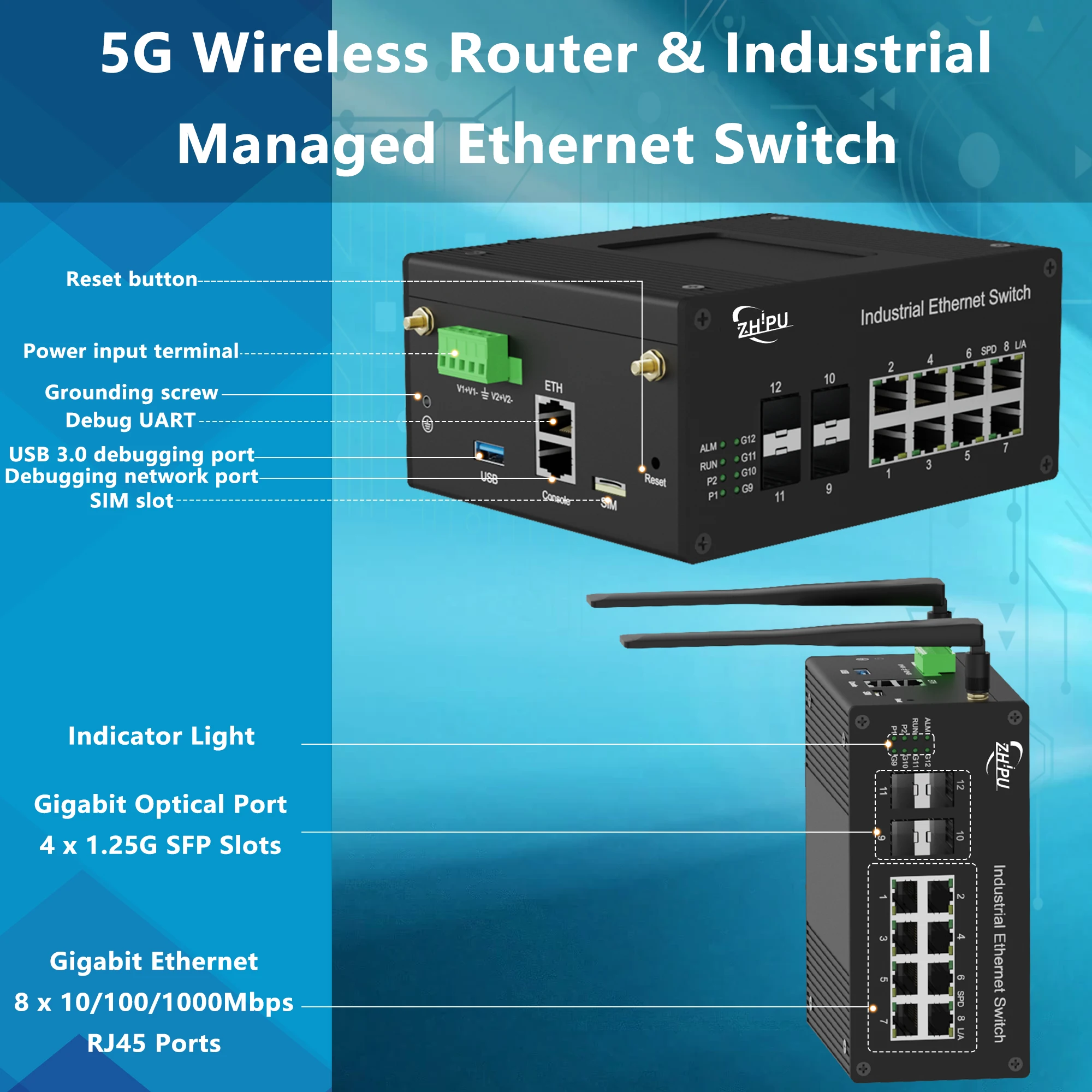 産業用マネージド 5G ワイヤレス ルーター&イーサネット スイッチ、8x10/100/1000Mbps RJ45 ポート+4x1.25G SFP ポート+1x5G アップリンク -40 ° Cから85へ ° C