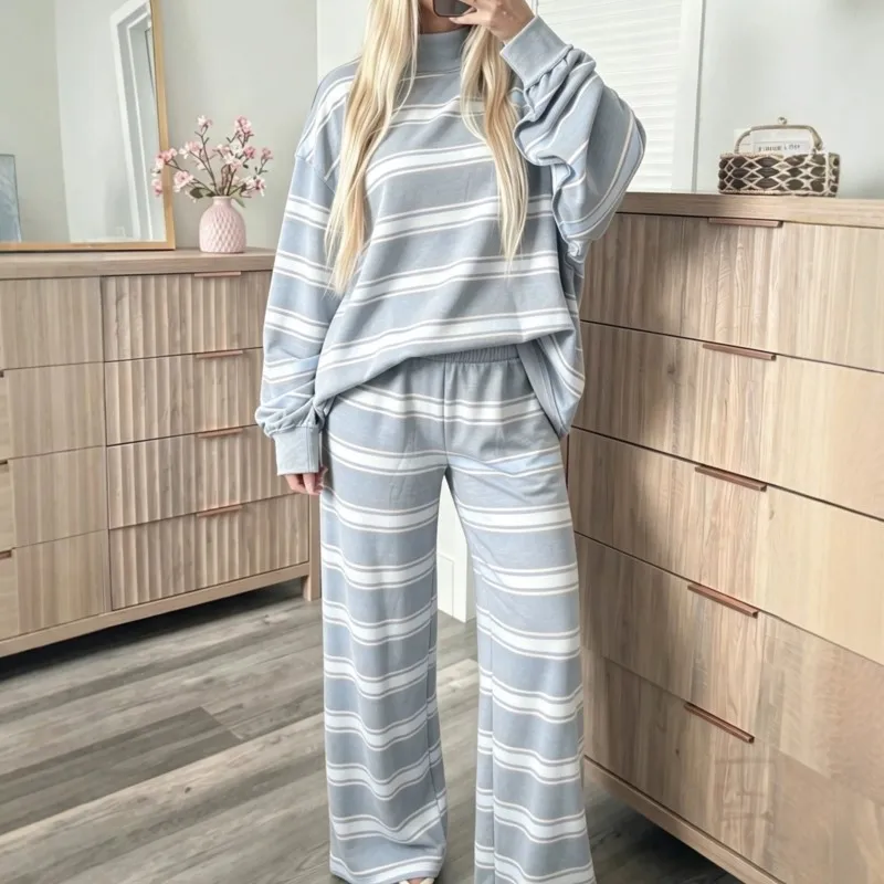 2026 New Autumn/Winter Women's Pants Set With Striped High Collar Casual Loose Fashionable Comfortable Versatile Daily Pants Set