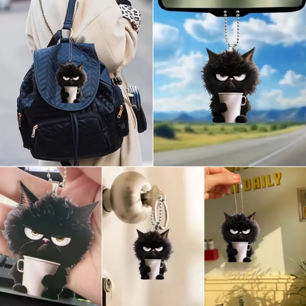 2D Fun Coffee Black Cat Keychain Cute Cartoon Kitten Charm Flat Acrylic Pendant Versatile for Car Bag Festive Party Gift & Decor