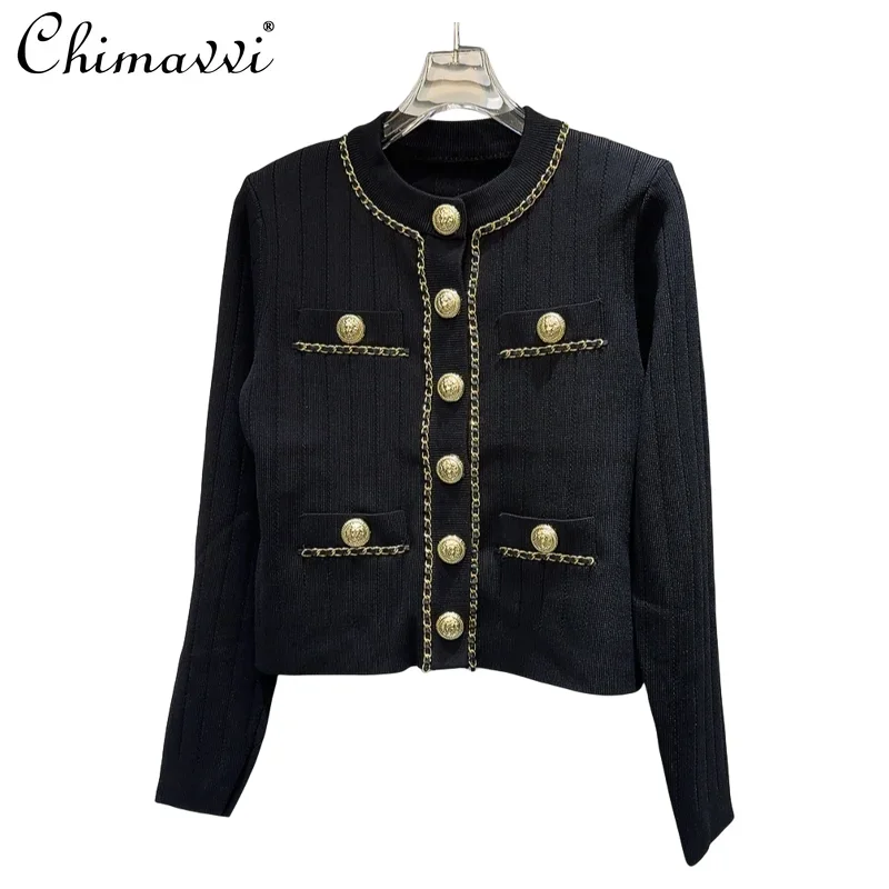 2024 Autumn New Classic Retro Metal Buckle Sweater Women's OL Long Sleeve All-Matching Elegant Knitted Cardigan Short Coat