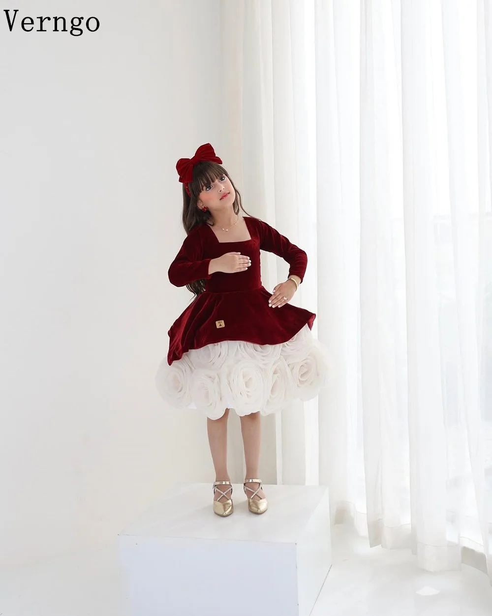 Verngo Burgundy Princess Girl Flowers Dress A Line Full Sleeves  Birthday Party Dress 3D Flower First Communion Dress Customized