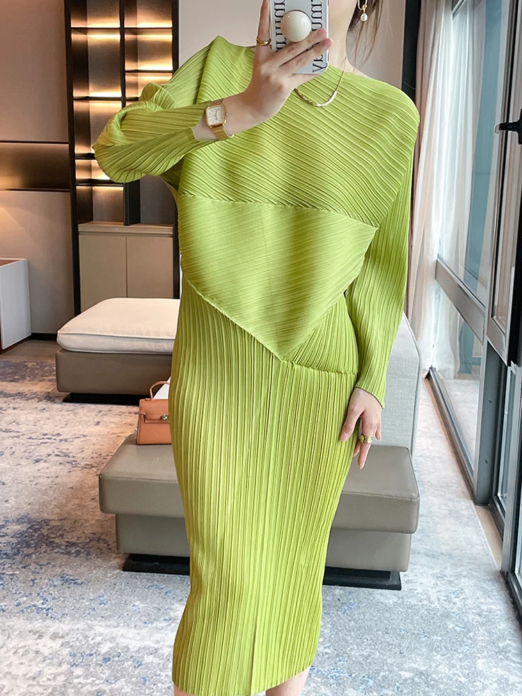 GVUW Pleated Dress Women Full Batwing Sleeve Evening Party Summer Medium Long New Solid Color 2024 Female Clothing 17G5971