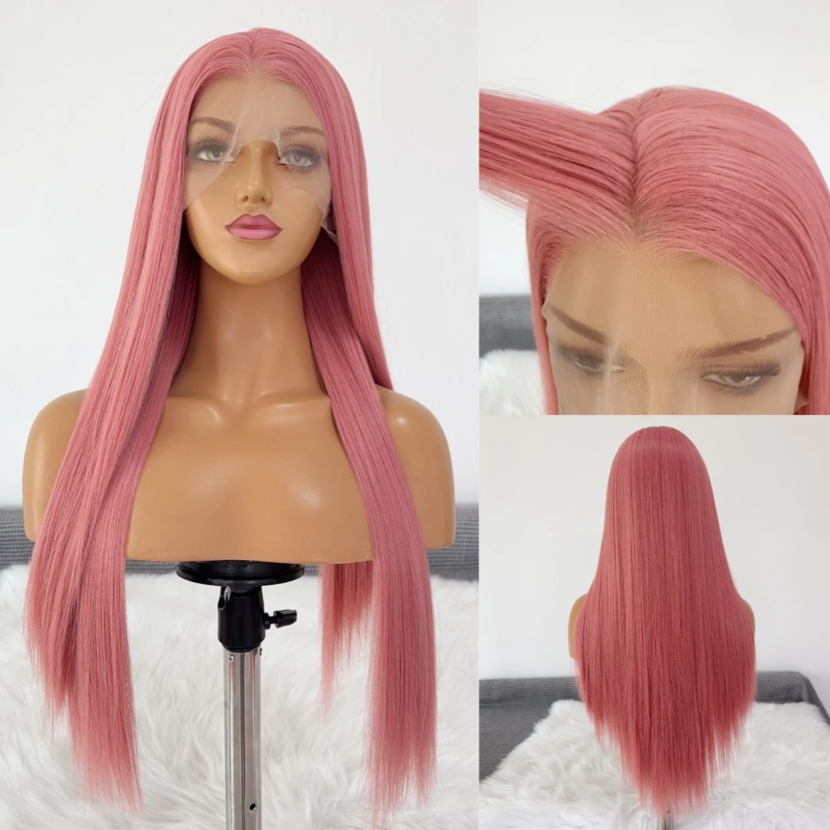 

Rose Pink Lace Front Wigs for Fashion Women 26 Inches Long Straight 13*4 Natural Frontal Lace High Quality Synthetic for Cosplay