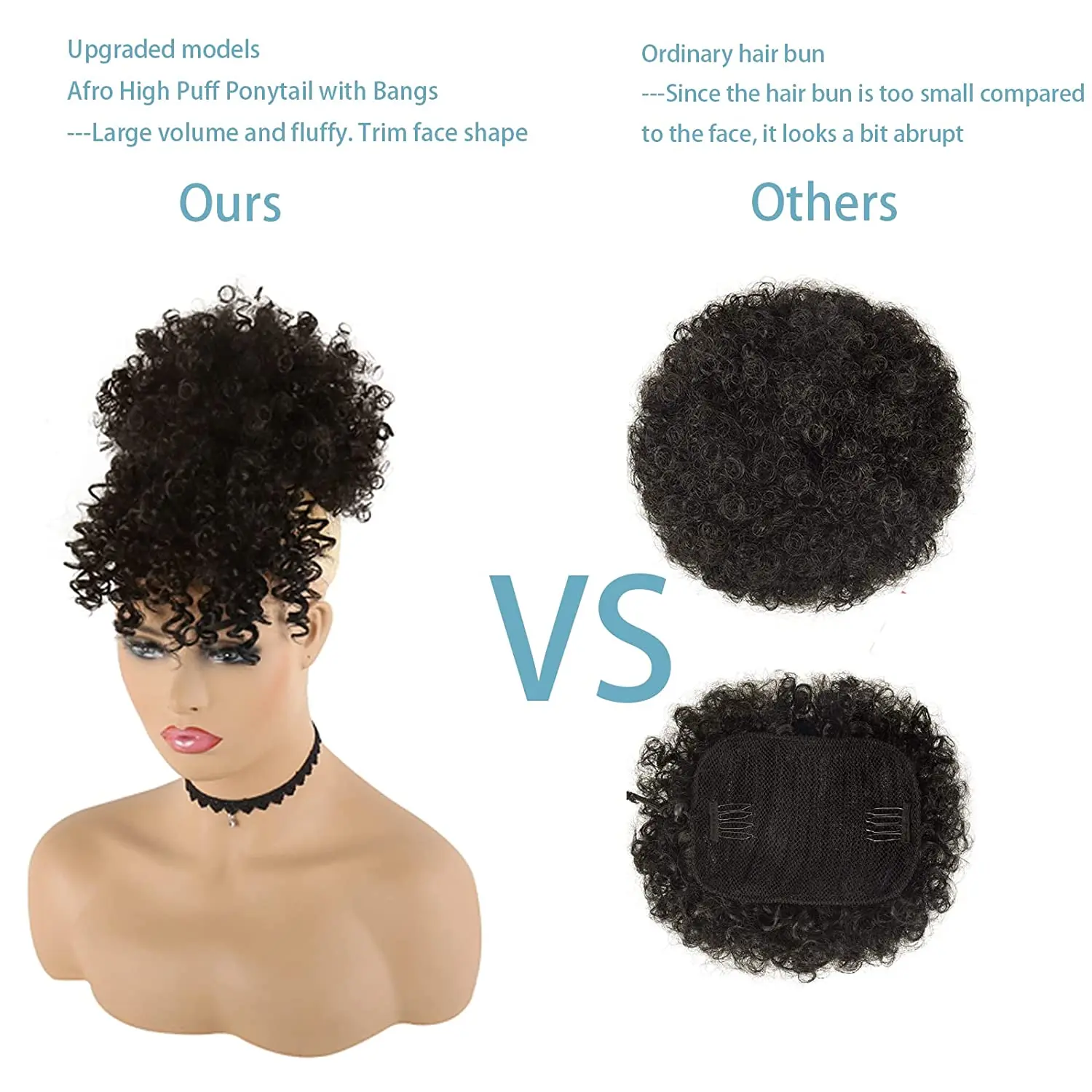 Coleta Afro Puff con cordón y flequillo, pelo rizado, extensiones de cabello, coletas cortas, postizos Updo para negro