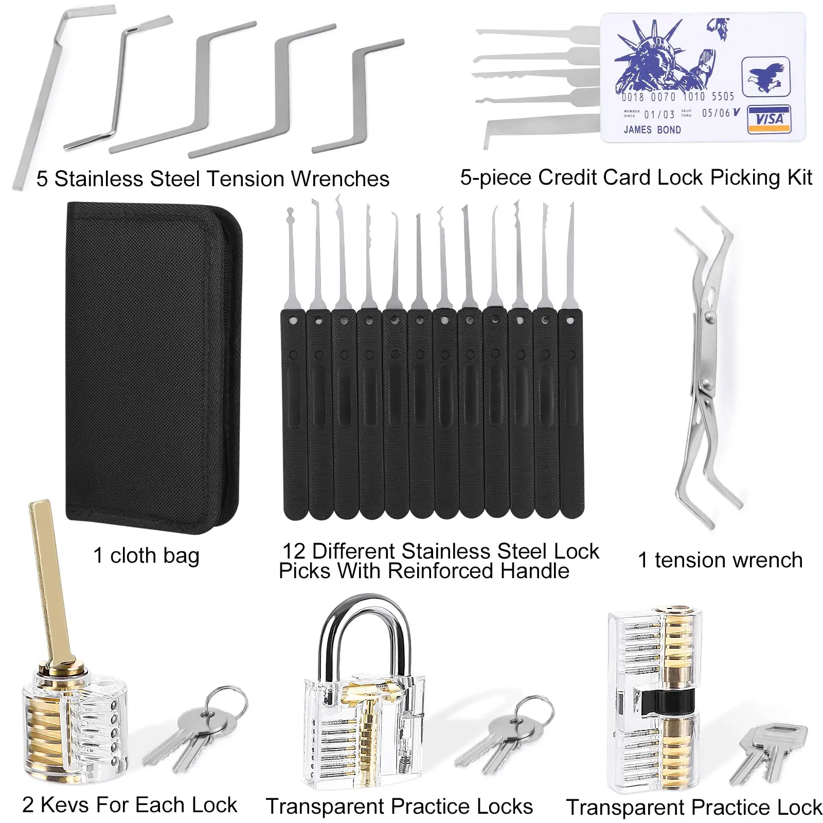 34Pcs Crocheting Kit Training Tools with 3 Transparent Lock Padlocks, Lock Picking Kit, for Beginner and Pro Locksmiths