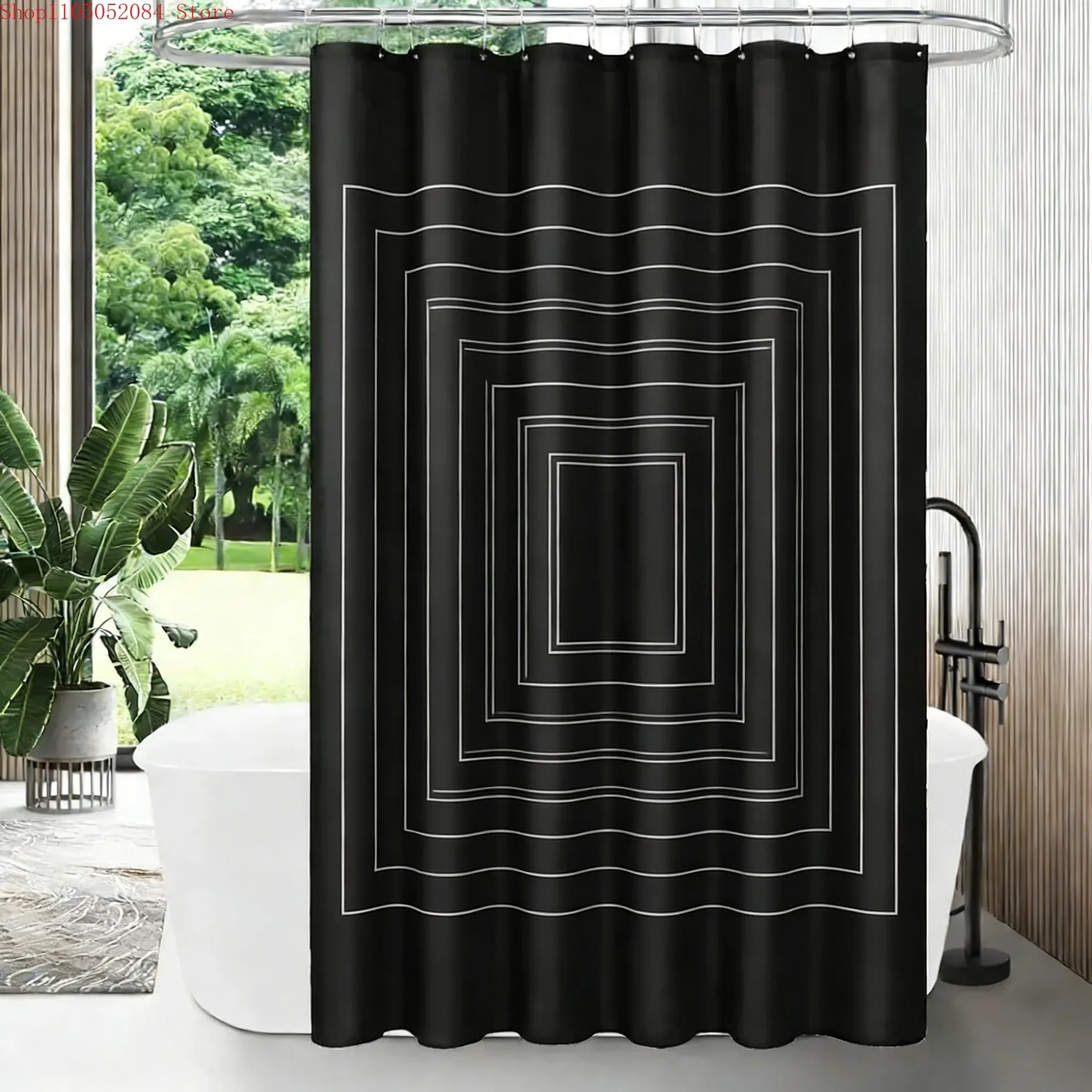 Minimalist White Horse Line Art on Black Waterproof Shower Curtain