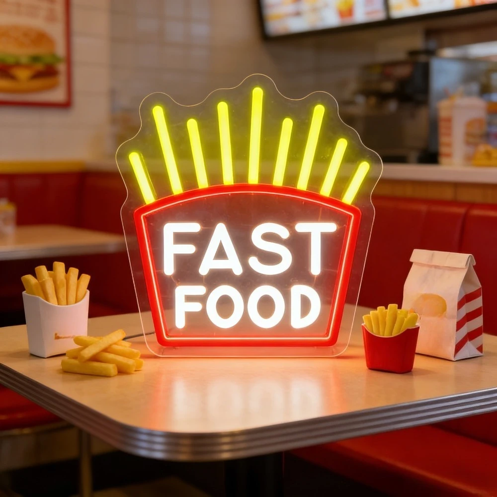 

Неоновая вывеска FAST FOOD Fries USB, светодиодная, с регулировкой яркости, для ретро-ресторанов, декора стен, баров, кухонь, фудтраков