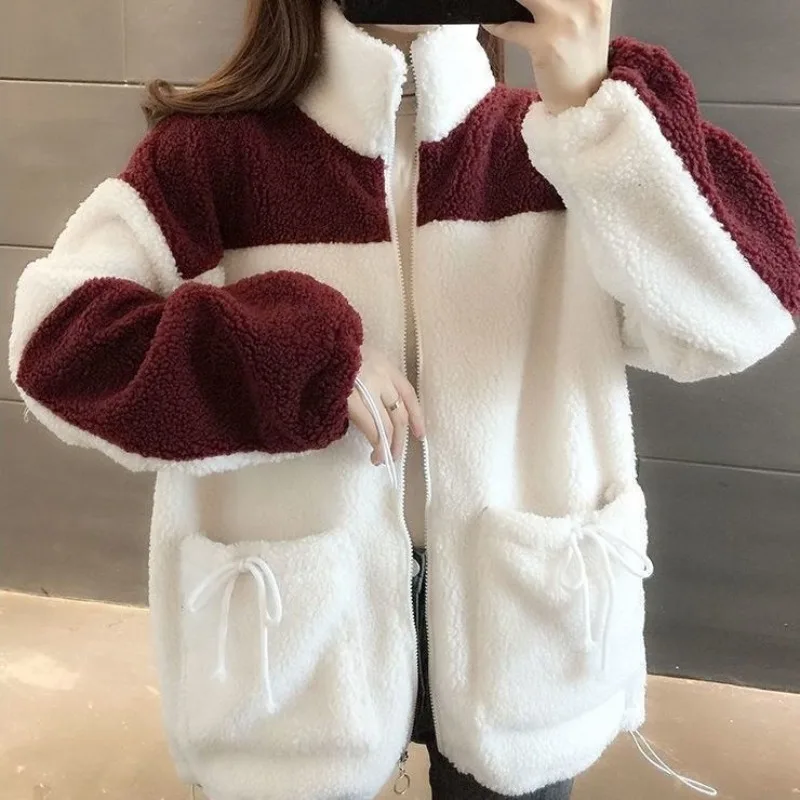 Women's Autumn Winter Solid Turtleneck Drawstring Bandage Pockets Zipper Flocking Long Sleeve Cardigan Coats Office Lady Tops