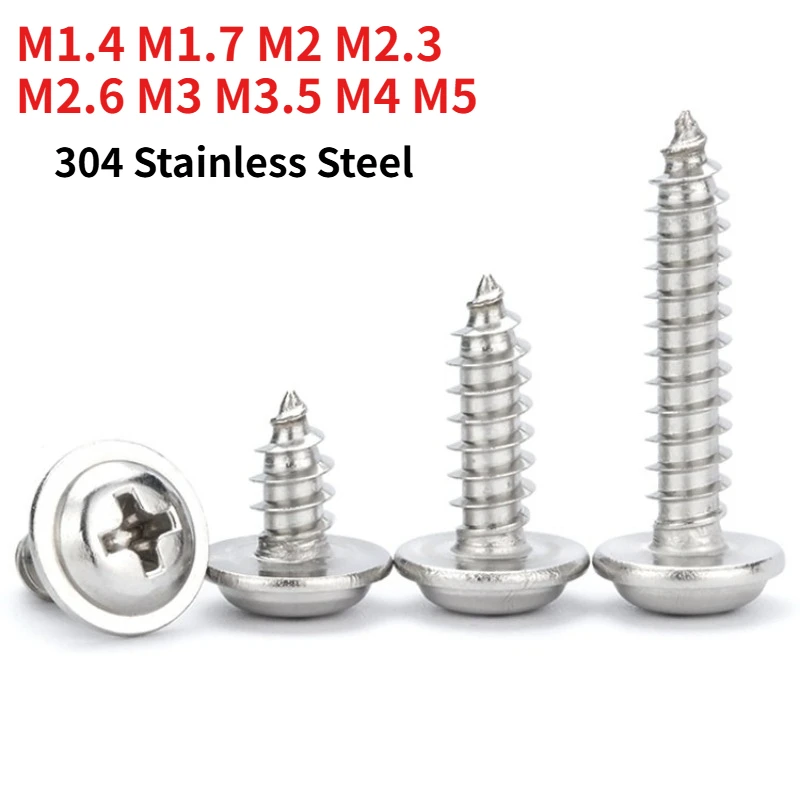 M1.4 M1.7 M2-M5 DIN968 304 Stainless Steel Cross Pan Head Self Tapping Screws With Built-in Washer Round Head Collar Wood Screw