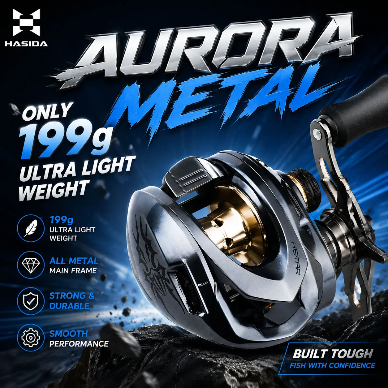 HASIDA Aurora Vollmetall-Baitcasting-Angelrolle 199G 7,3:1 Hohe Übersetzung 8kg Bremskraft Magnetische Bremse Weitwurf-Funktion