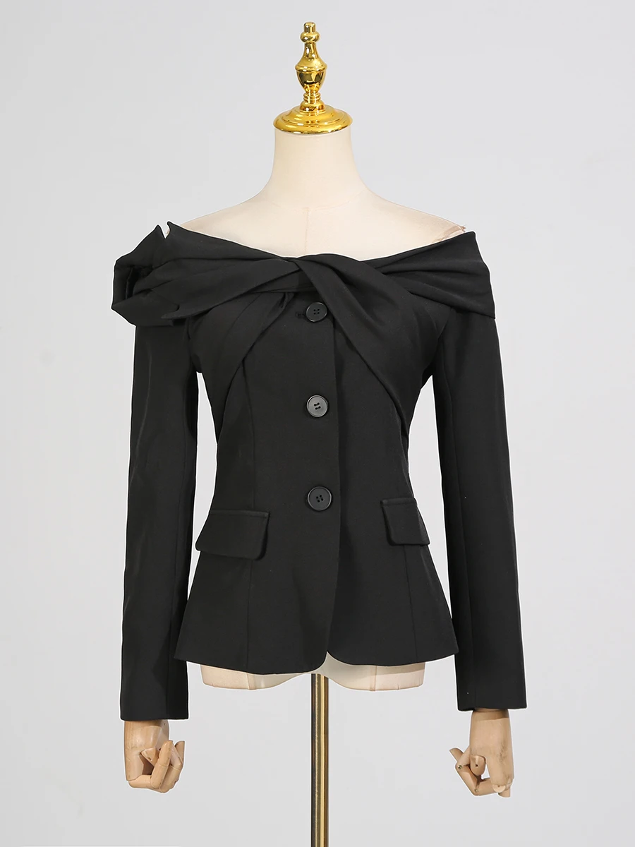 VGH Designer Solid Spliced Folds Slimming Jackets For Women Slash Neck Long Sleeve Spring Elegant Jacket Female Fashion Style