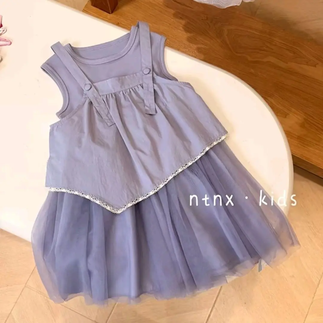 High End Girls Dress Summer New Kids Suspender Sleeveless Tulle Skirt Two Piece Set Baby Dopamine