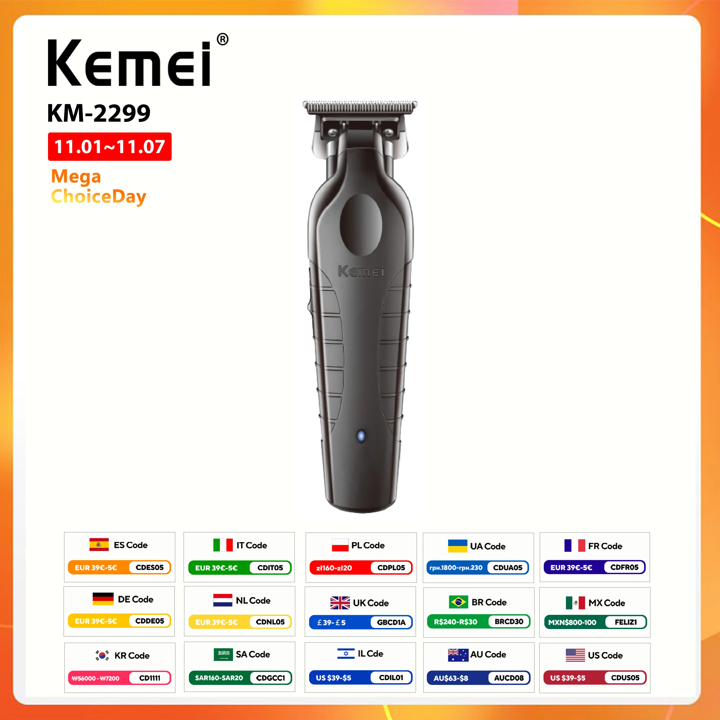 Kemei KM2299 남성용 전문 헤어 클리퍼, 틈이 없는 조각 클리퍼, 무선 헤어 트리머, 전기 헤어 커팅 머신, 0mm 