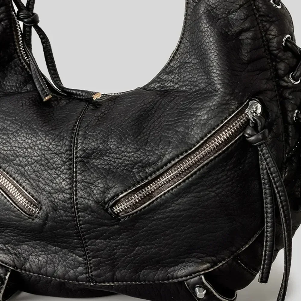 Y2K Lace-Up Hobo Bag for Women, Vintage PU Leather Large Capacity Shoulder Bag, Punk Style Underarm Casual Crossbody Handbag
