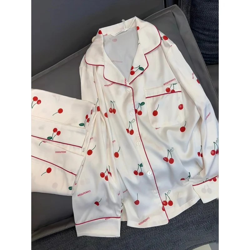 Autumn and Winter Long-sleeved Long Trousers Pajamas Female Ice Silk New Silk Cartoon Cherry Print Homewear Suit Women Pajama