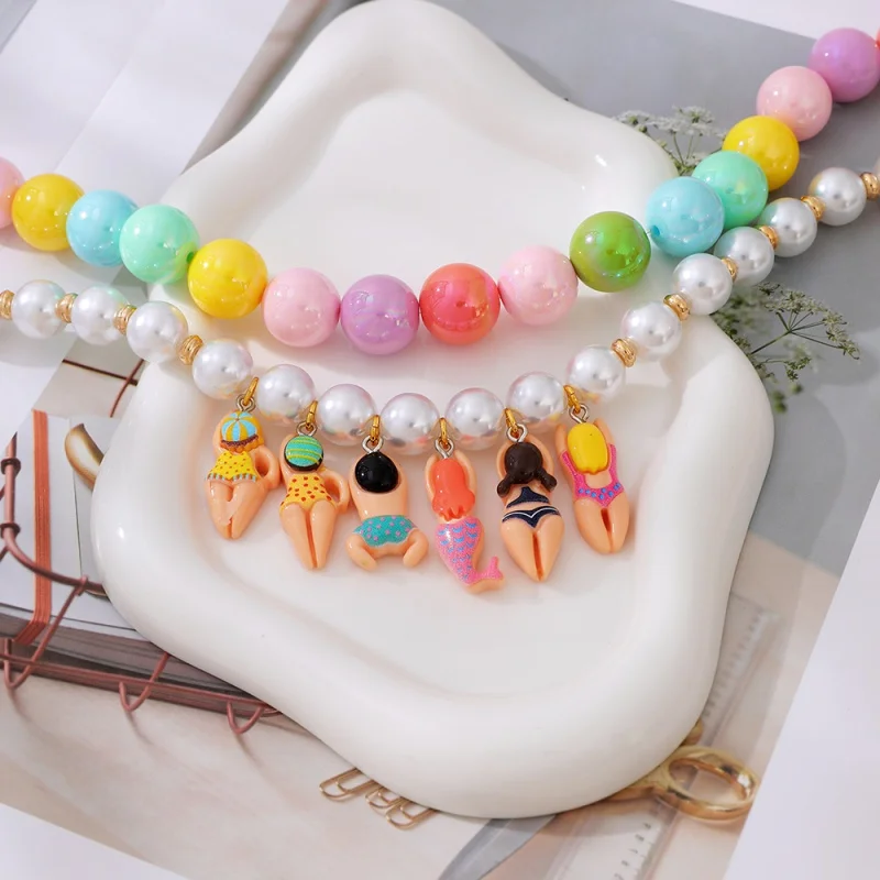 Swimming Cartoon Figurine Pendant Macaron Iridescent Pearl Necklace