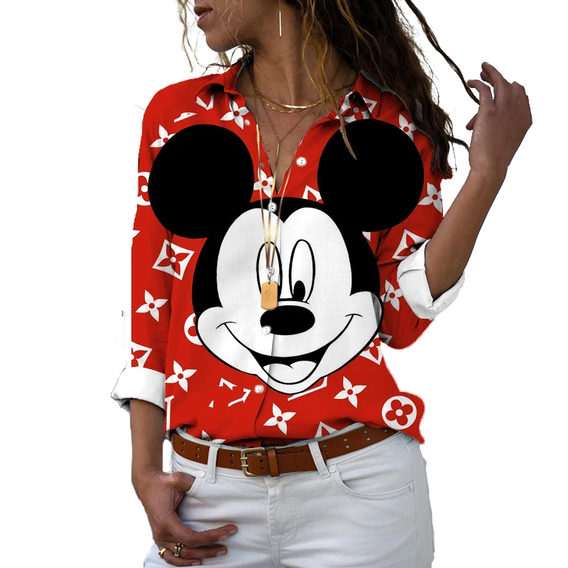 Disney Shirt Harajuku Slim Fit 3D Printed Men Women Button Long Sleeve Lapel Mickey Minnie Donald Duck Casual Cute Shirt Y2k