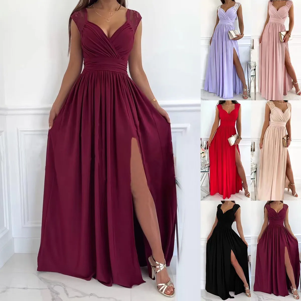 

Elegant Lace Backless Wedding Guest Dress V Neck Sleeveless High Slit Ruched Waist Long Evening Gown for Prom Cocktail Party
