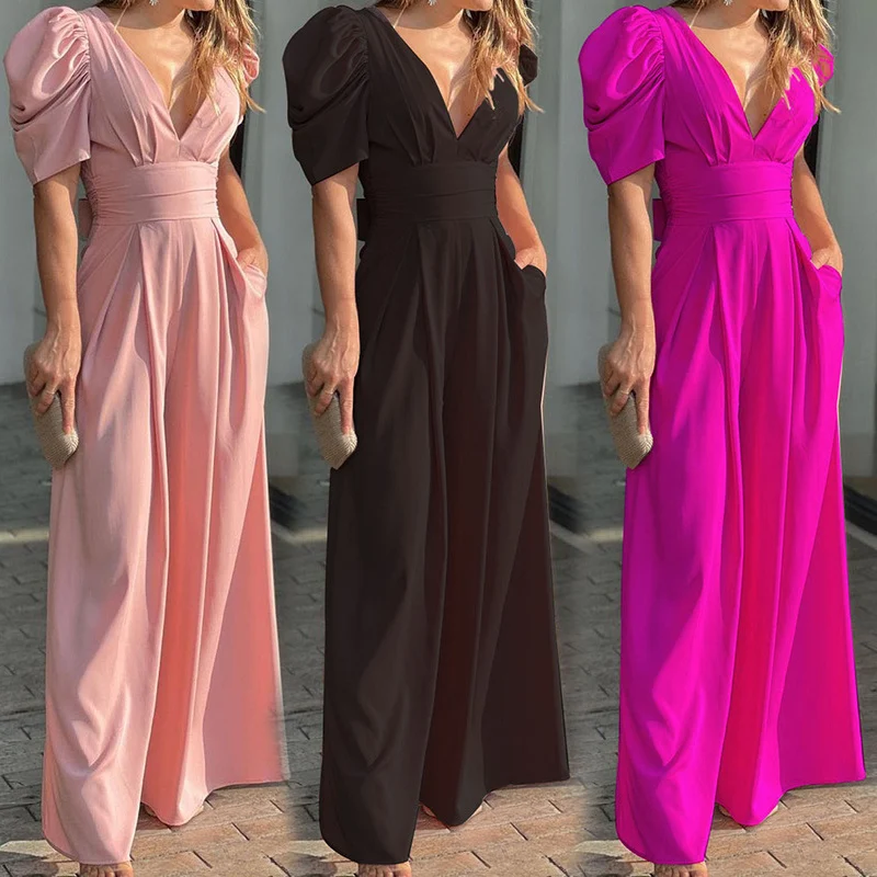 

Summer Women Puff Sleeve V-neck Wide Leg Jumpsuit Elegant High Waist Ruched Waistband Pocketed Overalls for Party Wedding Guest