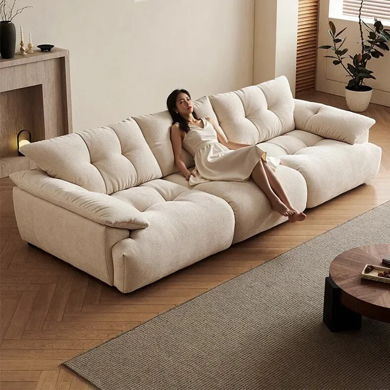 Cream Cloud Sofa Large Deep Seat Fabric Couch with Adjustable Backrest Big Black Bear Design Puffy Wind Bud Style Living Room