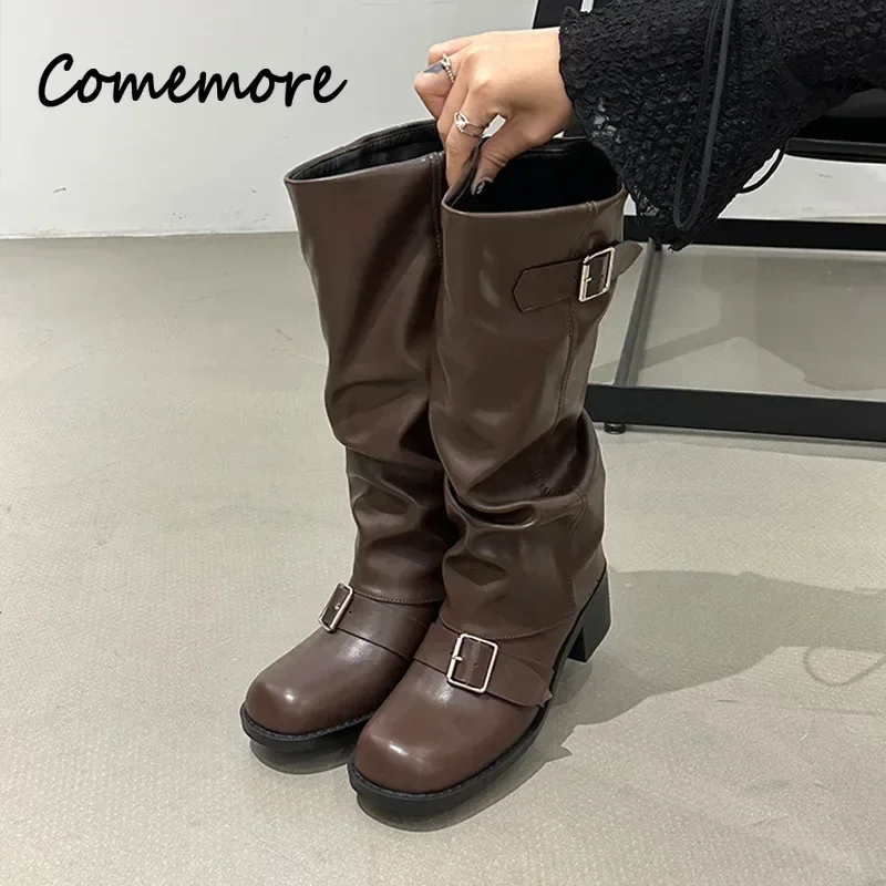 Comemore Autumn Women Biker Boots Fashion Belt Buckle Ladies Elegant Platform Long Pipe Booties Casual Women\'s Knee High Boots