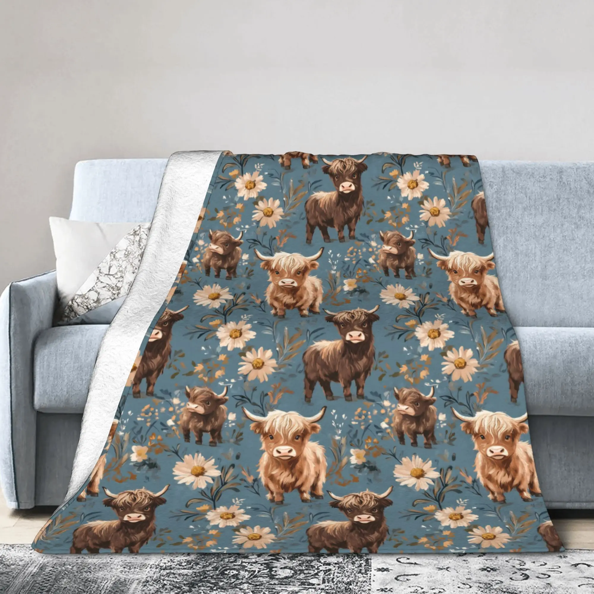 Highland Cow Foral Blanket Flannel  Lightweight Throw Blanket for Car Sofa Couch Bedspread