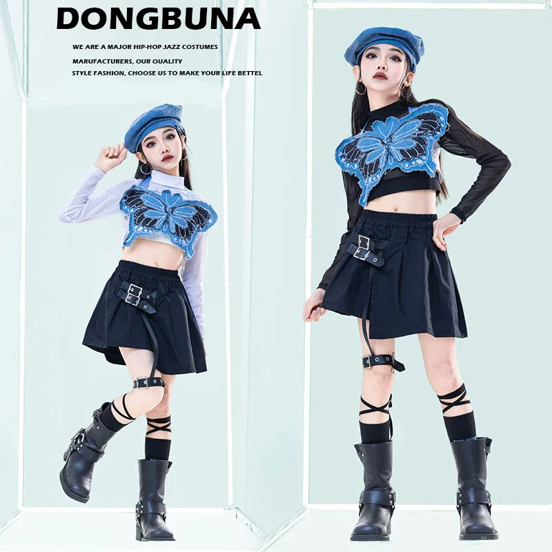 

Kid Hip Hop Clothing Denim Blue Butterfly Crop Tank Mesh T Shirt Black Strap Pleated Skirt for Girl Jazz Dance Costume Clothes
