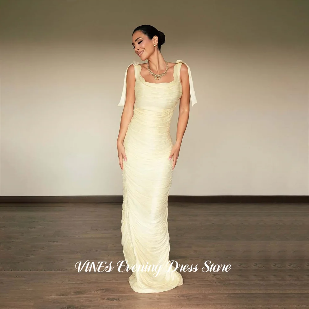 

VINES Yellow Ruched Mermaid Evening Dress Bow Straps Prom Dresses Sleeveless Party Formal Gown robe de bal for Woman Customized