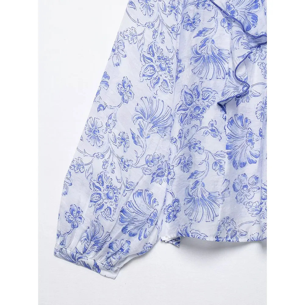 DUOPERI femmes mode imprimé à volants plissé pull Blouse Vintage col en v manches longues femme Chic dame chemises Camisas Mujer