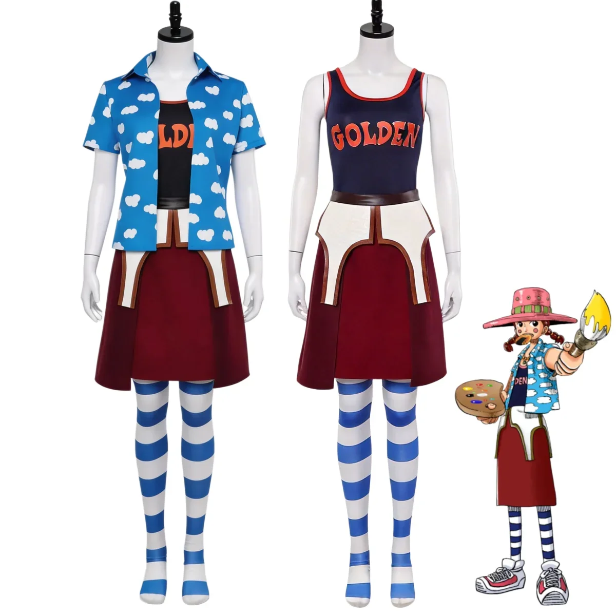 Damen Niedliches Miss Goldenweek Marianne Blaues Cosplay-Outfit T-Shirt Rock Taillendekoration Halloween Weihnachtskostüm