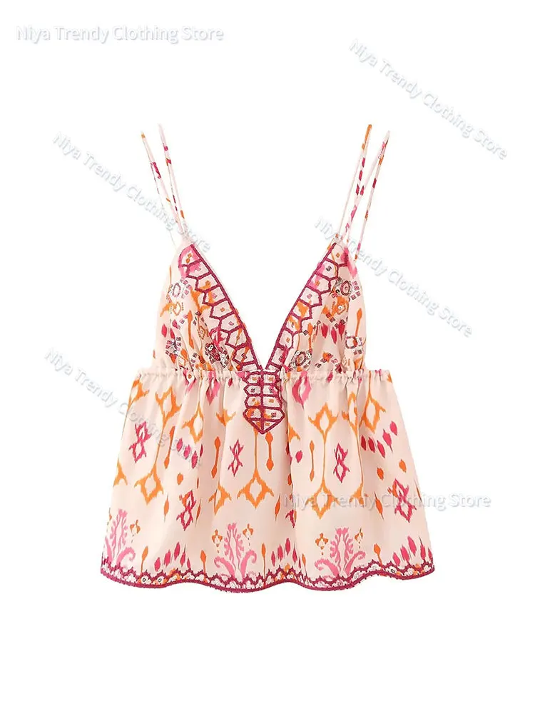

Autumn Printed Suspender Tank Tops for Women Casual Sleeveless V-Neck Cropped Blouse Vacation Chic Ladies Streetwear